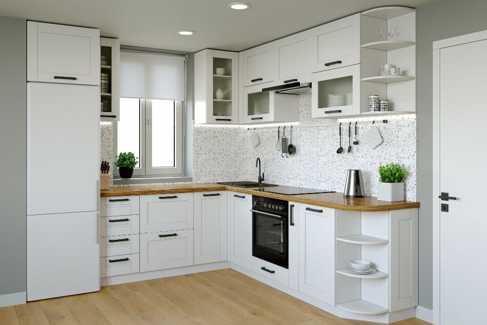 small l-shaped kitchen with compact appliances